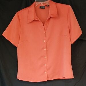 Laura Scott Petite Textured Button-Front Short Sleeve Shirt - Coral Sz 12p